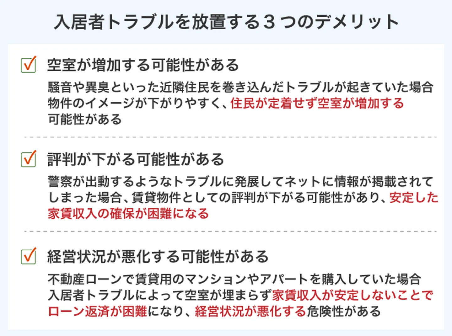 入居者トラブルを放置する3つのデメリット